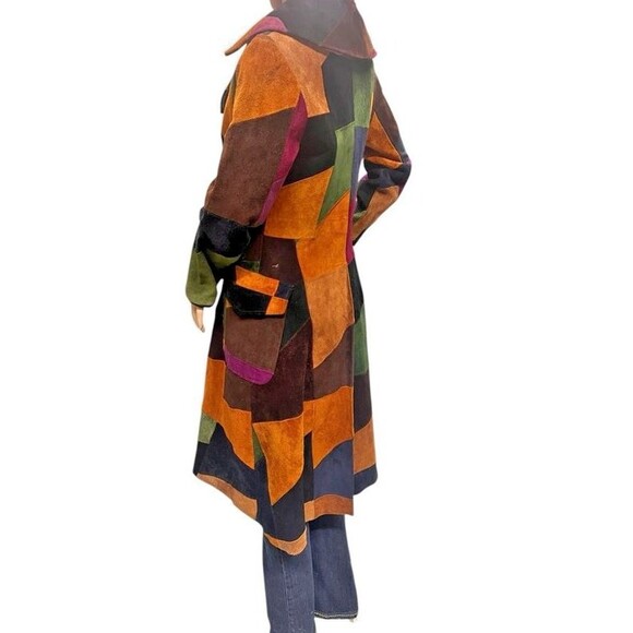 Vintage 70's Leather Suede Patchwork Hippie Boho Snap Button Long Jacket Coat 12 - Picture 3 of 16
